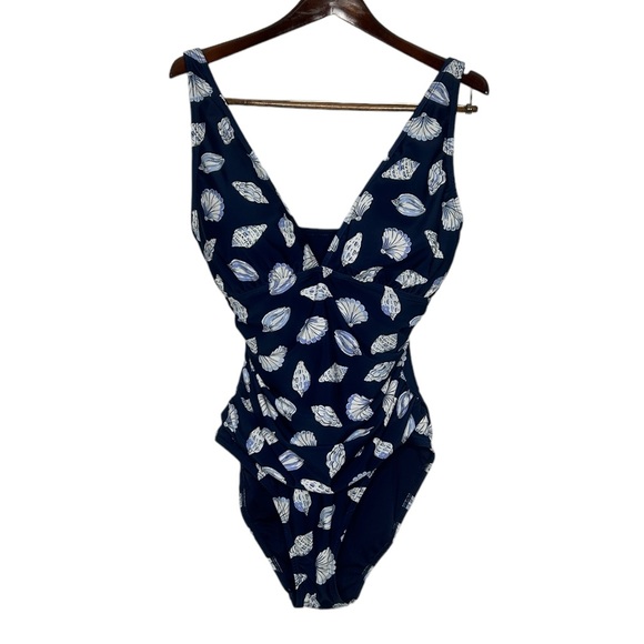 Ellen Tracy Swimsuit 1 Piece 14 Blue White Sea Shells Coastal Beach Old Money - Picture 1 of 15